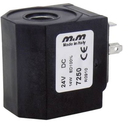 Czarna elektryczna cewka z nadrukiem: '24V DC, 14W, ED=100%, 7250, Made in Italy, M&M'. Dwa metalowe styki widoczne z boku.
