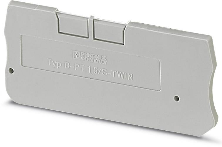 Szaro-żółte zakończenie urządzenia firmy Phoenix Contact, typ D-PT 1,5/S-TWIN, służy do mechanicznego rozdzielenia i stabilizacji systemów szynowych.