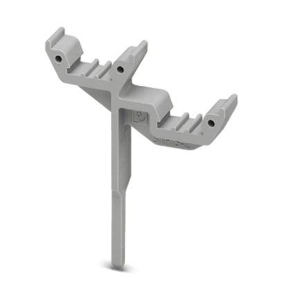 Szare plastikowe elementy w kształcie litery T z wieloma punktami mocowania. Wygląda na element techniczny lub uchwyt.