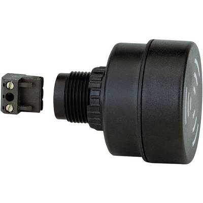 Czarny, cylindryczny elektryczny złącz z dwoma metalowymi stykami, przedstawiony w dwóch częściach, które do siebie pasują.