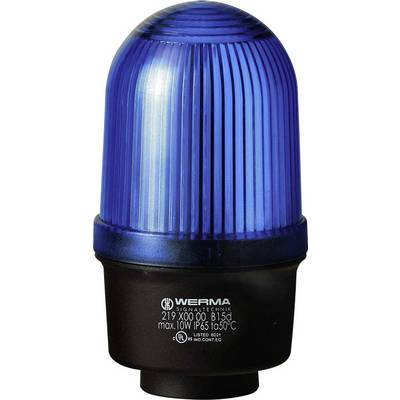 Niebieskie światło ostrzegawcze, obudowa okrągła, firmy 'WERMA Signaltechnik', przeznaczone do maksymalnie 10W, IP65, temperatura do 50°C.
