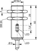Diagram cylindrycznego czujnika o wymiarach: całkowita długość 50 mm, średnica obudowy M18x1, wyposażony w trzy diody LED oraz otwór kablowy o średnicy Ø5 mm.