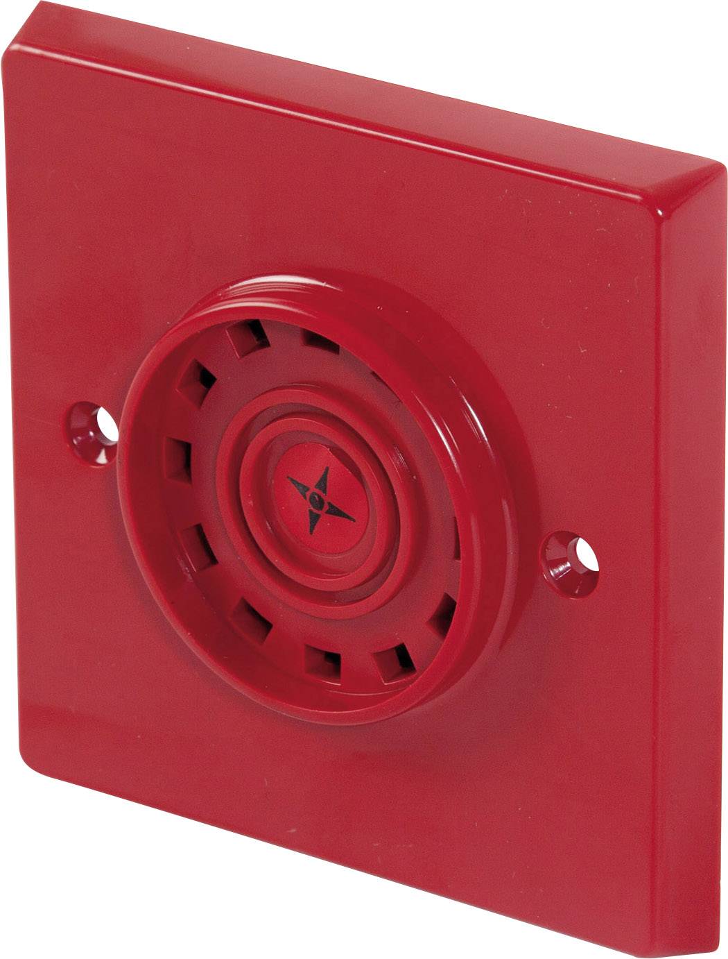 Czerwony przycisk alarmowy na ścianie z kratką głośnika pośrodku; służy do akustycznego ostrzegania w przypadku pożaru.