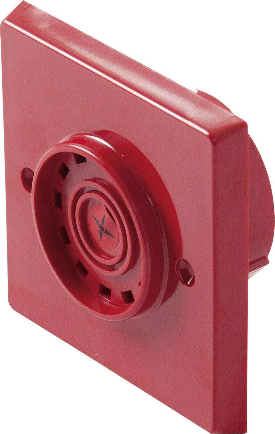 Czerwony czujnik dymu o prostokątnym kształcie z okrągłą kratką wentylacyjną pośrodku.