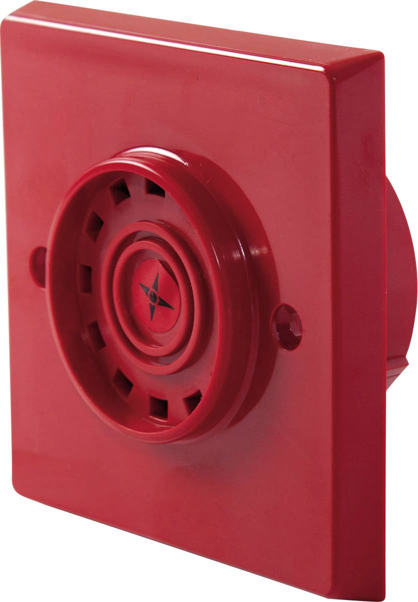 Czerwone urządzenie sygnalizacyjne z otworami do emisji dźwięku, zamontowane na prostokątnej płycie.