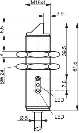 Rysunek techniczny cylindrycznego czujnika. Podane wymiary: całkowita długość 61,5 mm, średnica 18 mm. Zaznaczone pozycje diod LED.