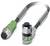 Kabel złącza M12 z zielonym wtykiem po lewej stronie i czarnym wtykiem z kolorowymi przewodami po prawej stronie.
