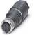 Czarny, cylindryczny wtyk M12 z trzema metalowymi stykami i srebrnym gwintem mocującym, stosowany w połączeniach przemysłowych.