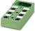 Zielony modularny element łączący z wieloma gniazdami; służy do okablowania lub rozbudowy sieci.