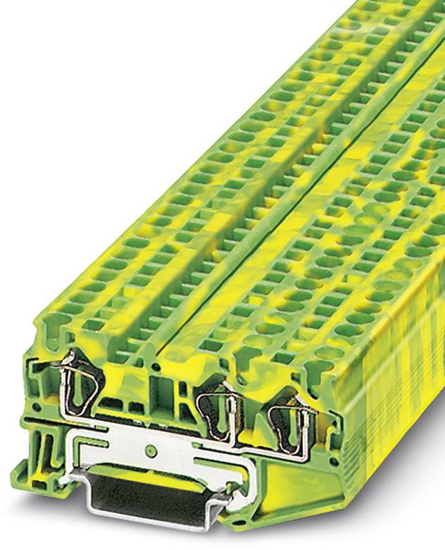 Elektryczny blok zaciskowy w obudowie zielono-żółtej z trzema złączami wtykowym. Odpowiedni do przemysłowych połączeń elektrycznych.
