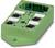 Zielony moduł przyłączeniowy z czterema okrągłymi wtyczkami wejściowymi i kilkoma polami do oznakowania. Używany do okablowania w zastosowaniach przemysłowych.