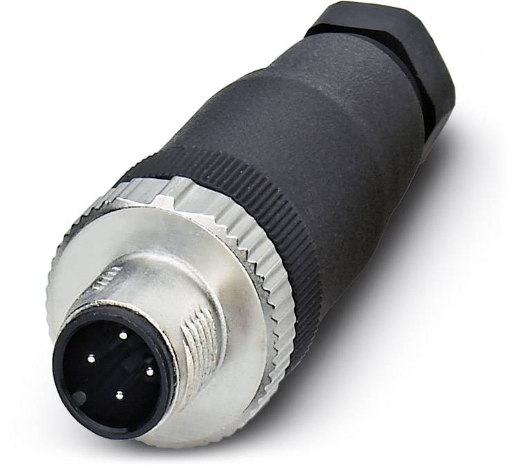 Czarny, cylindryczny wtyk z czterema stykami i srebrnym gwintem do łączenia urządzeń elektrycznych.