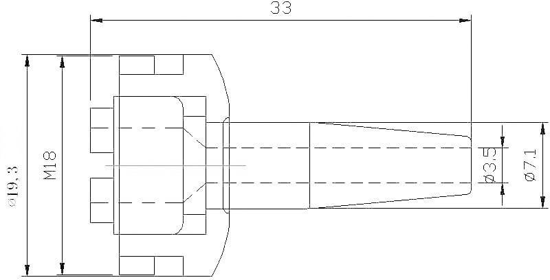 Rysunek techniczny części cylindrycznej z wymiarami: długość 33 mm, średnica zewnętrzna 19,3 mm, gwint wewnętrzny M18, średnica stożka Ø7,1 mm.
