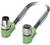 Zielony kabel złączowy M12 z prostymi i kątowymi złączami, odpowiedni do zastosowań przemysłowych.