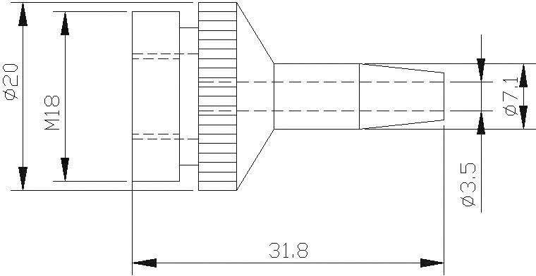 Rysunek techniczny części mechanicznej z wymiarami. Przedstawia element cylindryczny o średnicach 20 mm, 3,5 mm i 7 mm, długości 31,8 mm, gwint M18.