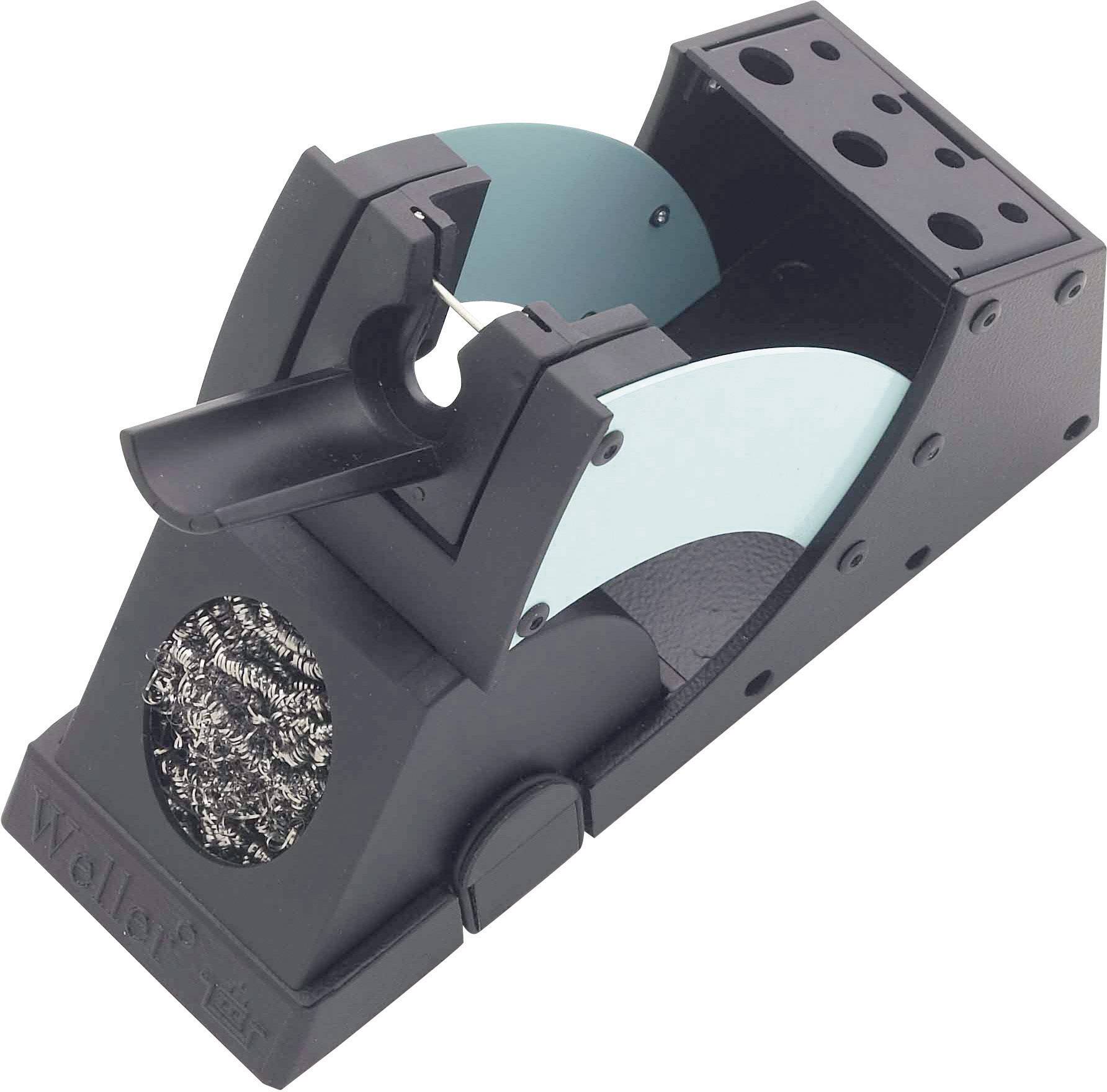 Uchwyt do lutownicy wykonany z czarnego tworzywa sztucznego z wbudowanymi gąbkami lutowniczymi i metalowym skrobakiem, odpowiedni do prac lutowniczych i przechowywania.