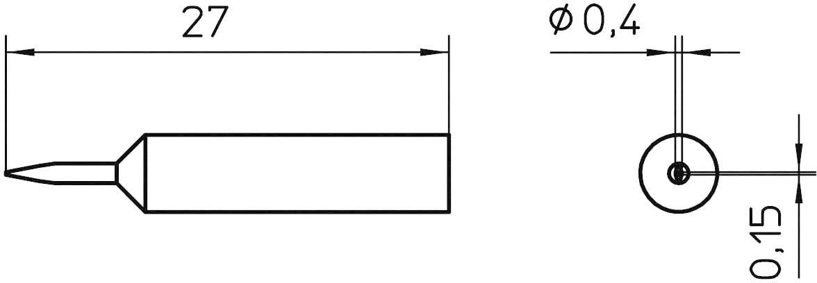 Rysunek techniczny cylindra ze szpicem. Długość wynosi 27 mm. Średnica wynosi 0,4 mm. Dodatkowy fokus przedstawia widok szczegółowy o średnicy 0,15 mm.