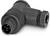 Czarny, L-kształtny wtyk M12 z wieloma stykami, stosowany głównie w połączeniach przemysłowych i transmisji sygnałów.