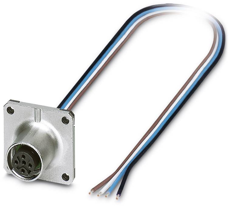 Wielobiegunowy złącze elektryczne z kilkoma przewodami w kolorach czarnym, niebieskim, brązowym i białym. Stosowany do połączeń elektrycznych.