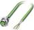 Zielony, odizolowany kabel z wtyczką; odpowiedni do zastosowań przemysłowych; prezentuje przewody wewnętrzne i gniazdo.