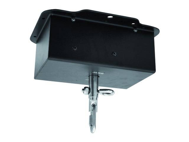 Czarna metalowa wieszak z hakiem do mocowania urządzeń na strukturach sufitowych.