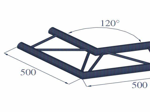 Diagram trójkątnej metalowej ramy. Kąt na górze 120 stopni, długości boków po 500 mm. Przedstawia projekt struktury.