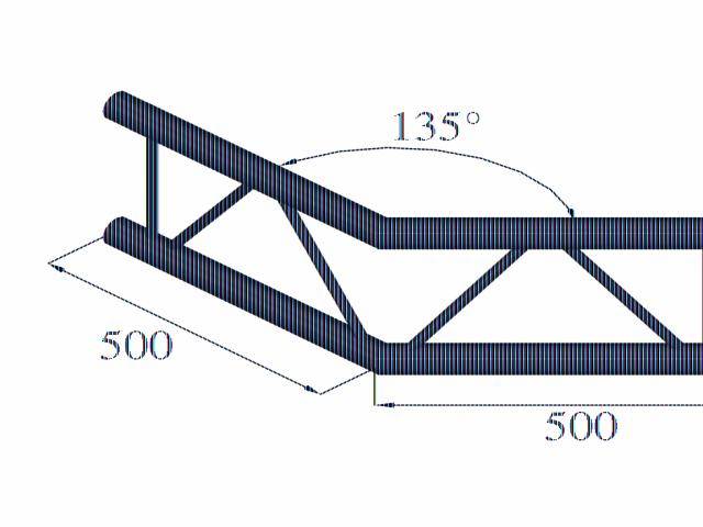 Rysunek techniczny wspierającej konstrukcji metalowej z podanymi długościami 2 x 500 mm i kątem 135°.