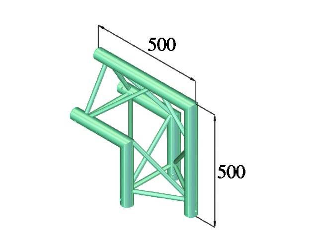 Model 3D zielonej ramy szkieletowej o kwadratowej podstawie, szerokości i wysokości wynoszącej 500 mm. Prezentuje ukośne i pionowe wzmocnienia.
