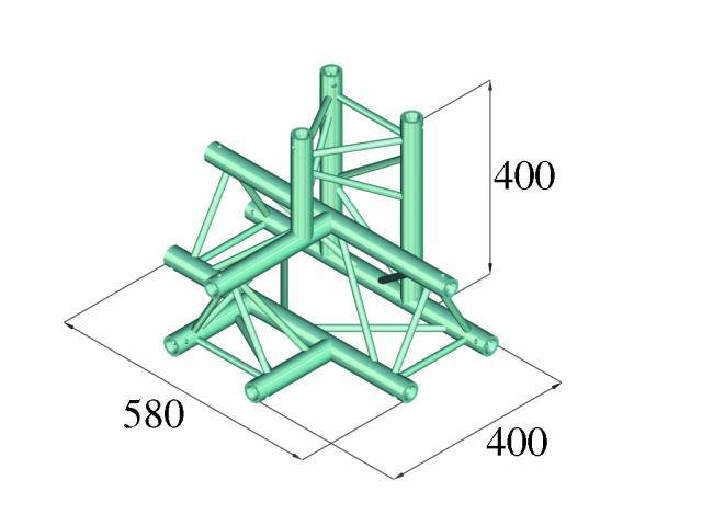 '3D-diagram zielonej struktury rurowej z wymiarami: podstawa 580 x 400 mm, wysokość 400 mm. Ilustracja do analizy technicznej.'