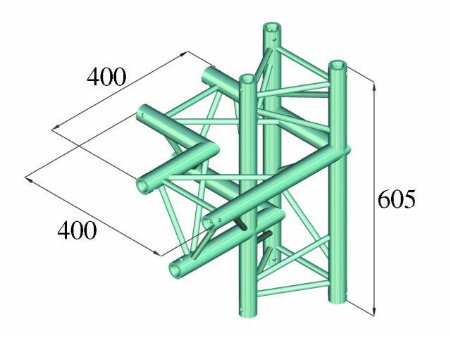 Trójwymiarowy model przedstawia zieloną konstrukcję metalową o wymiarach 400 mm x 400 mm x 605 mm, składającą się z różnych rur.
