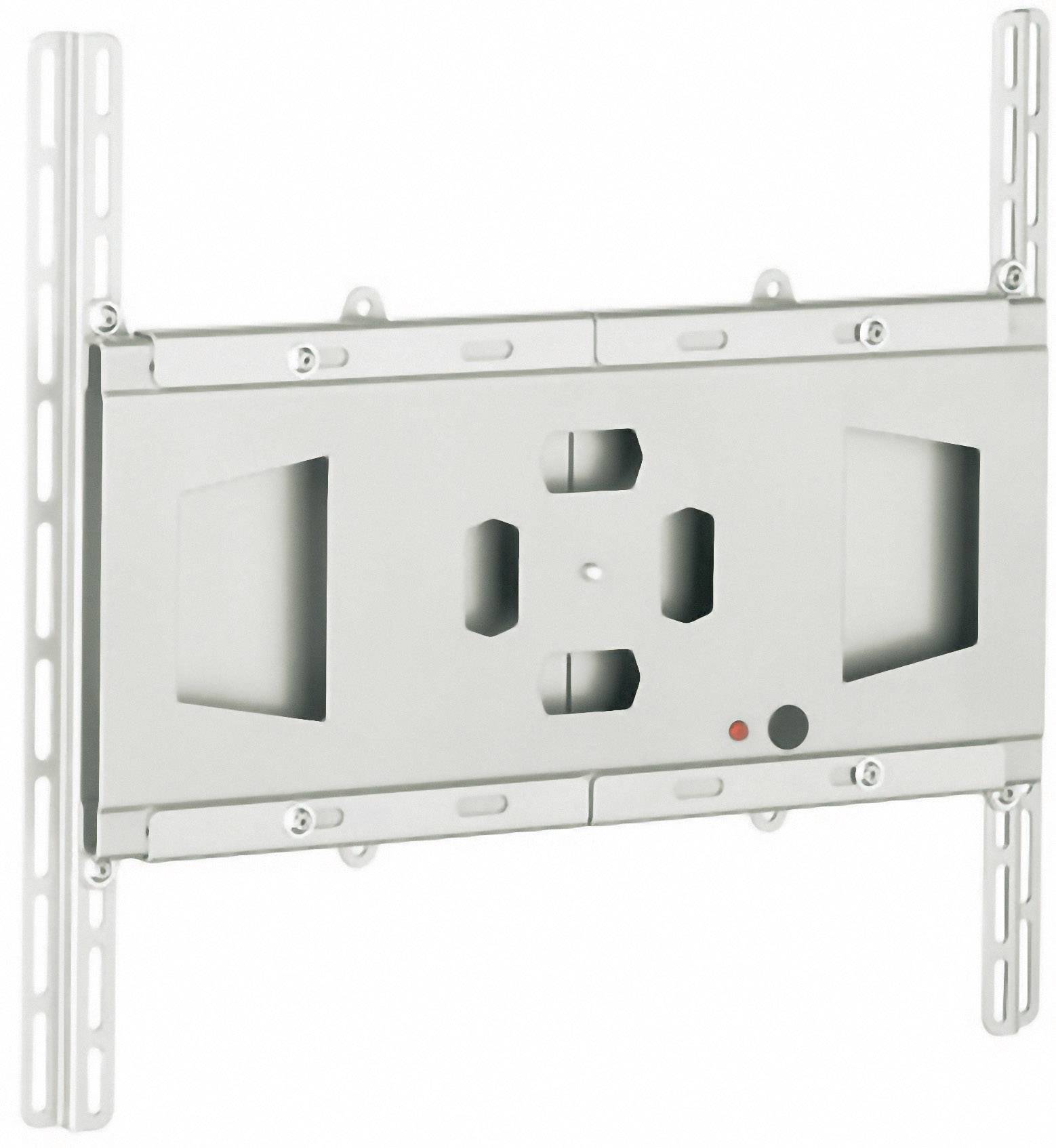 Metalowy uchwyt ścienny do telewizora, srebrny, w kształcie prostokąta, z otworami do montażu śrubowego i regulowanymi ramionami bocznymi.