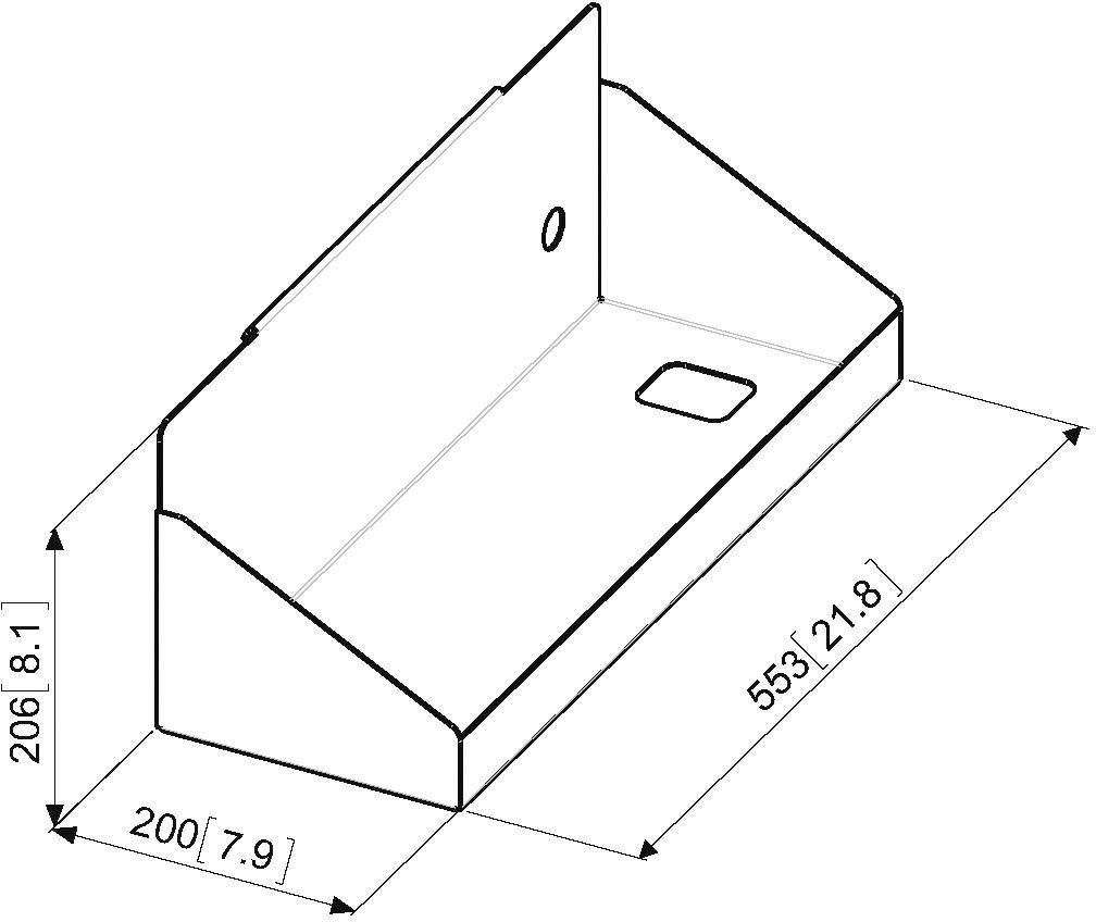 Rysunek techniczny prostokątnej skrzynki o wymiarach 206 x 200 x 553 mm, przedstawiony w perspektywie, z otworem przelotowym z jednej strony.