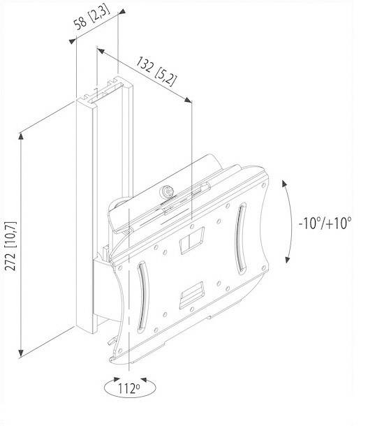 Rysunek techniczny uchwytu ściennego do telewizora z regulowanym kątem pochylenia od -10° do +10° oraz kątem obrotu 112°. Wymiary: 58 mm (głębokość), 132 mm (szerokość), 272 mm (wysokość).