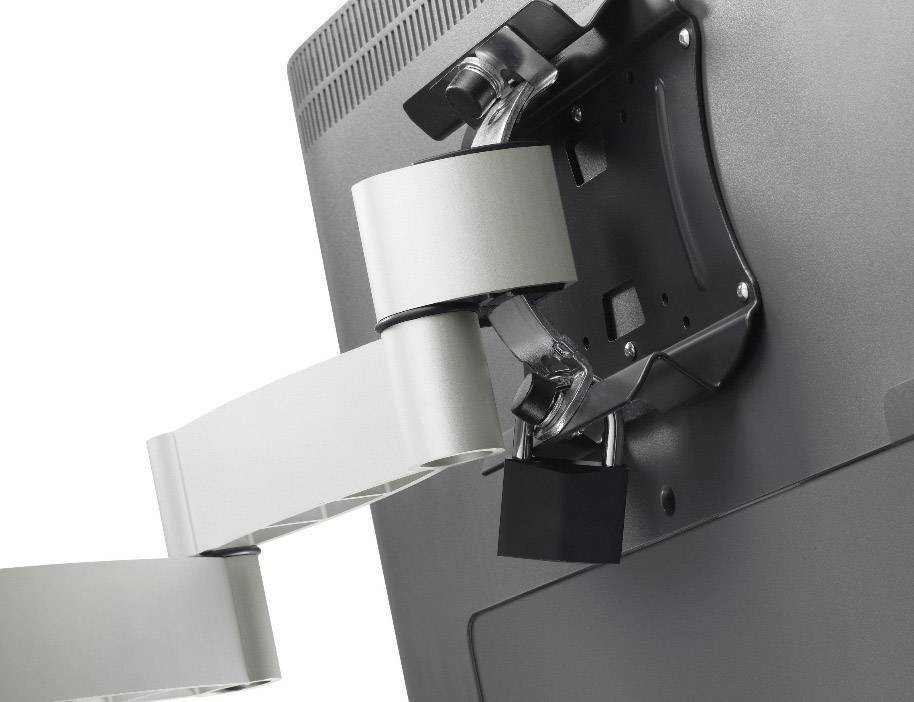 Monitor z elastycznym, srebrnym ramieniem zamocowanym z tyłu, który umożliwia różnorodne ruchy i regulacje.