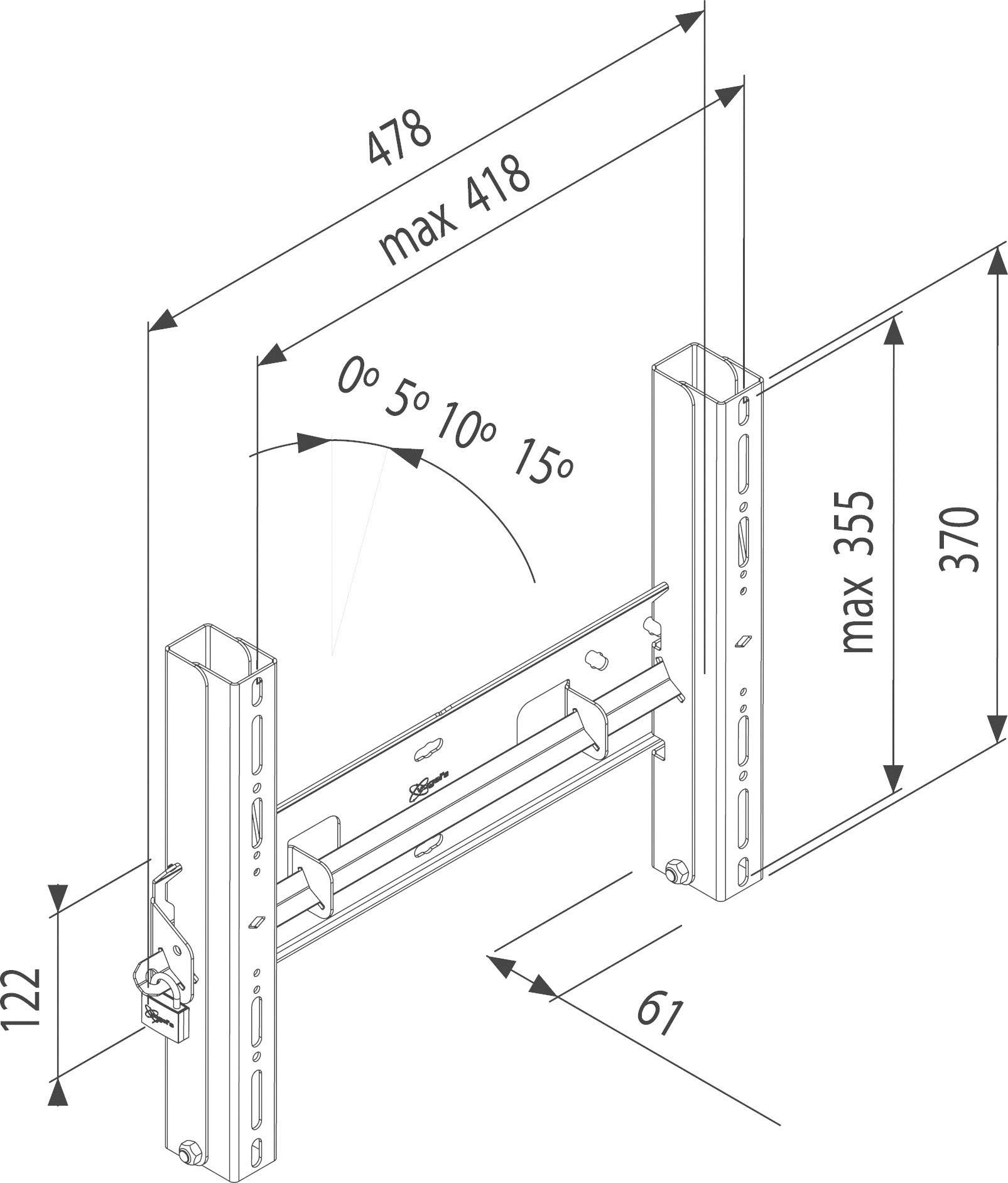 Schemat uchwytu ściennego do telewizora z regulacją kąta nachylenia od 0° do 15° o wymiarach 478 x 418 mm. Maksymalna wysokość 355 mm, szerokość 122 mm.