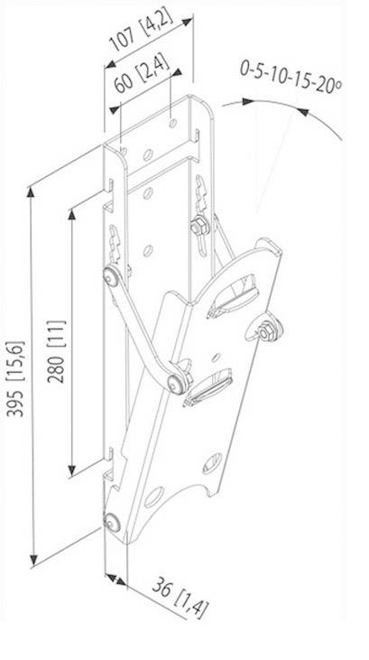 Rysunek techniczny wspornika ściennego z wymiarami w milimetrach i calach. Regulacja kąta nachylenia: 0, 5, 10, 15, 20 stopni.
