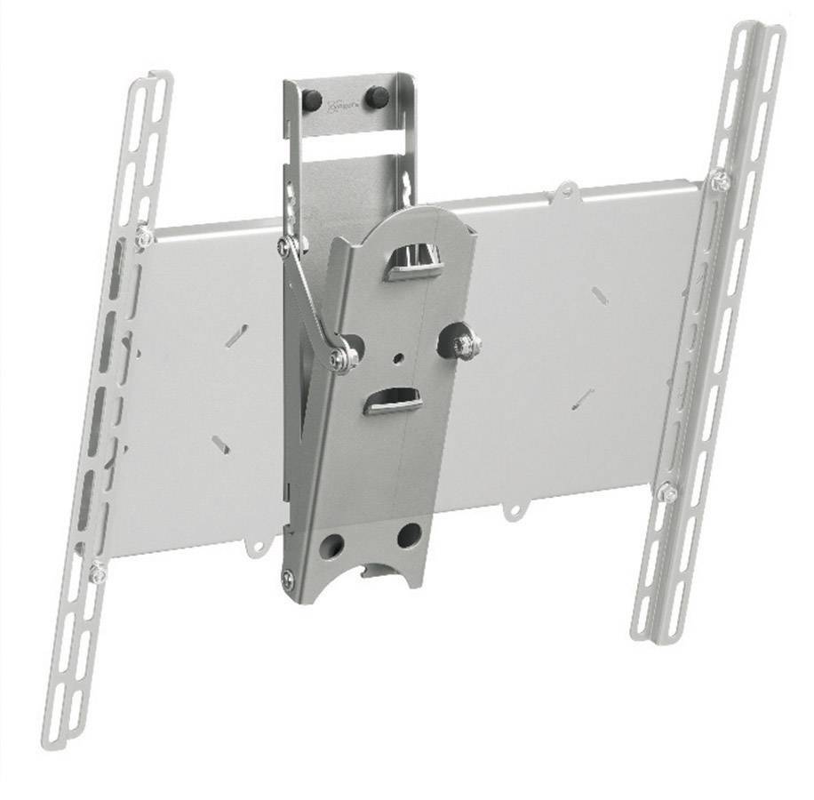 Uchwyt ścienny do telewizora lub monitora, wykonany z metalu, z regulowanymi ramionami do różnych rozmiarów ekranu, w kolorze szarym.