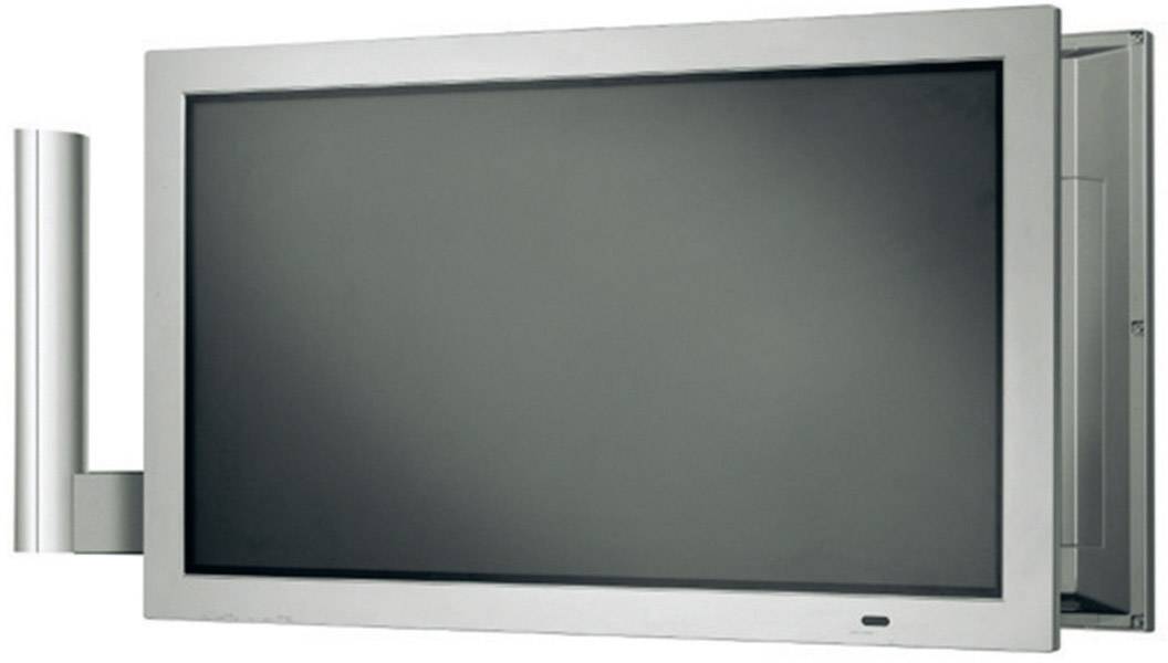 Płaski ekran z srebrną ramką, zamontowany na uchwycie po lewej stronie. Ekran jest wyłączony.