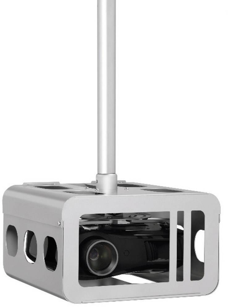 Czarny projektor w srebrnej, prostokątnej obudowie do montażu sufitowego. Obudowa posiada kilka otworów.