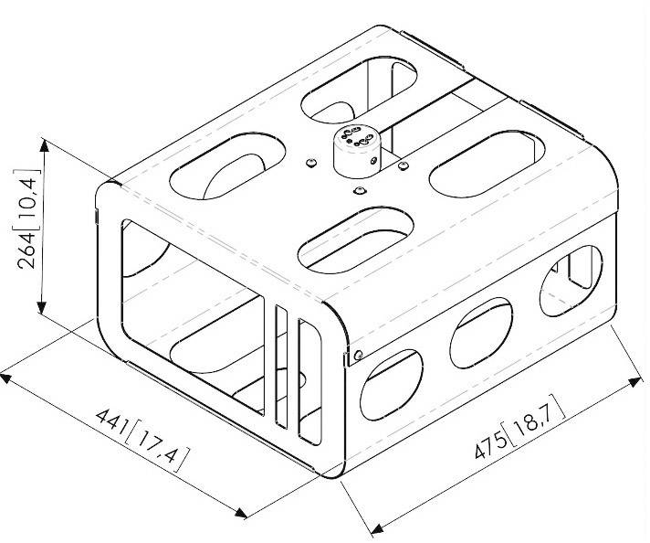 Rysunek techniczny prostokątnej obudowy z zaokrąglonymi narożnikami, otworami, wymiarami w milimetrach i calach, z uwzględnieniem szczegółów dotyczących śrub.