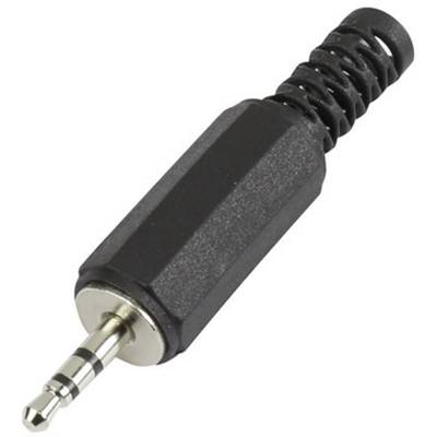 Czarny wtyk jack 3,5 mm do urządzeń audio, z izolowaną rękojeścią i metalowym stykiem, odpowiedni do słuchawek lub głośników.