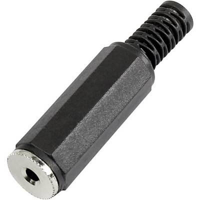 Czarny adapter wtykowy do audio z metalowym pierścieniem i karbowanym końcem do podłączenia kabla.