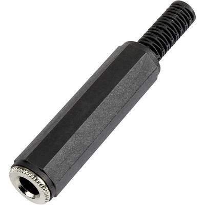 Czarny, cylindryczny adapter z metalowym, żłobionym zakończeniem i izolowaną rękojeścią. Złącze do urządzeń audio.