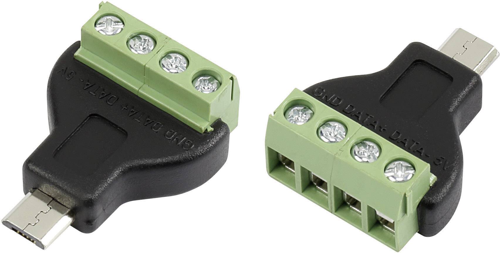 Dwa czarne adaptery z zielonymi zaciskami przyłączeniowymi, każdy z czterema zaciskami śrubowymi u góry. Adaptery posiadają wtyk USB-Micro-B.