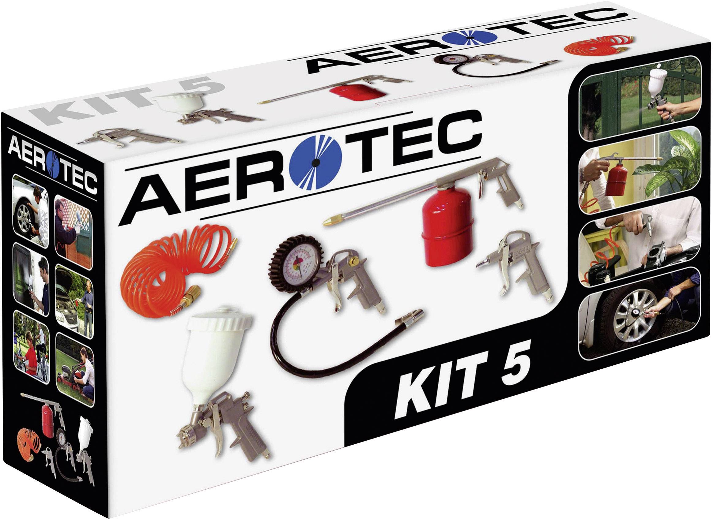 Opakowanie zestawu Aerotec Kit 5. Zawiera ilustracje narzędzi pneumatycznych, w tym przewodu, pistoletu i manometru.