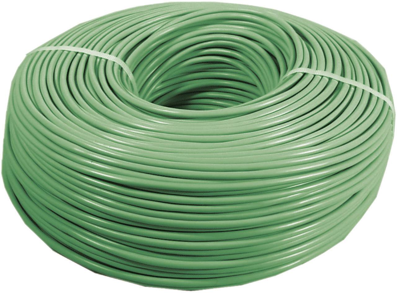 Duża rolka zielonego przewodu izolacyjnego zwinięta w kształcie koła, gotowa do użycia podczas instalacji elektrycznych.