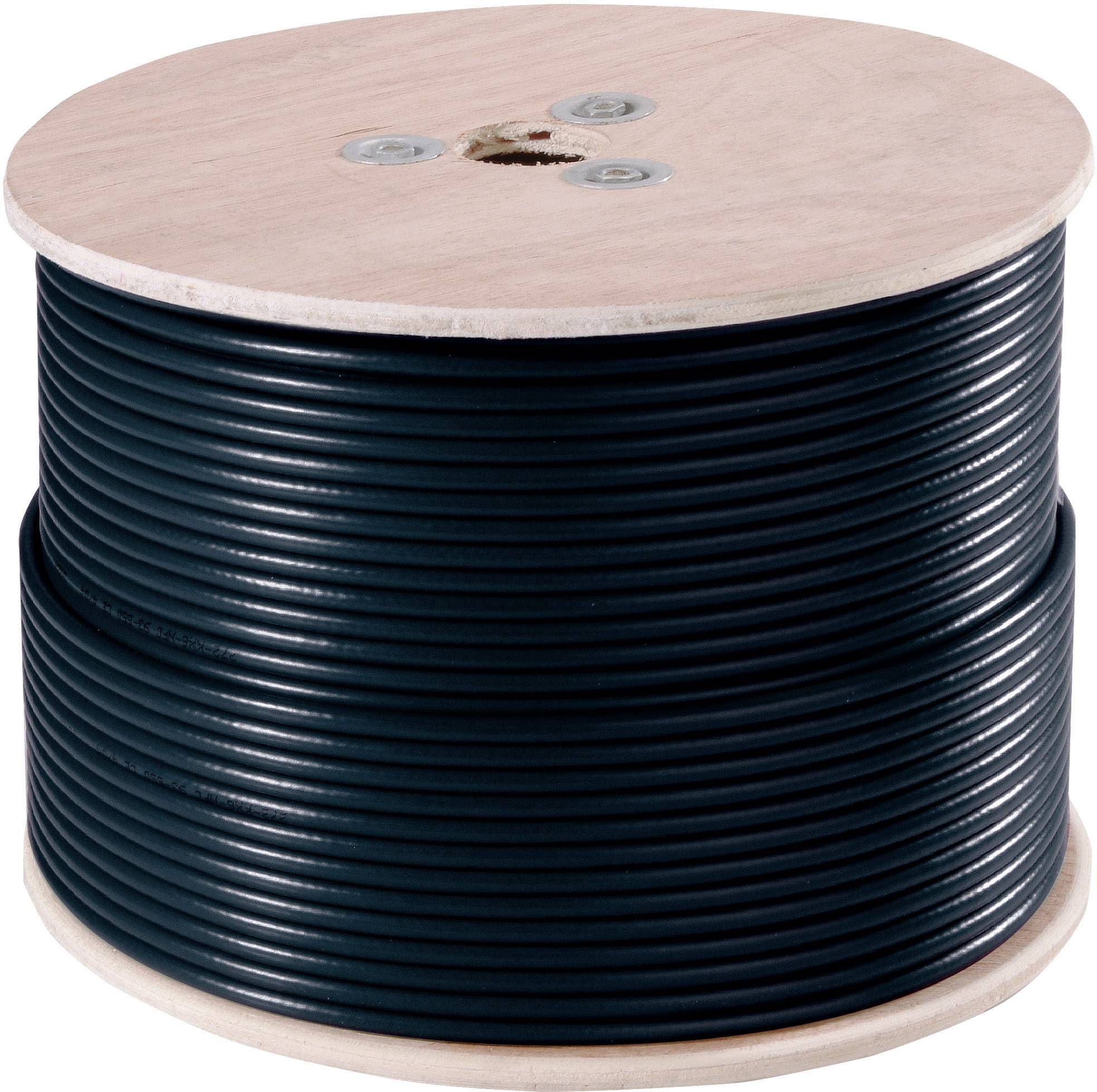 Czarny kabel elektryczny na drewnianej szpuli, gotowy do użycia w instalacjach elektrycznych.