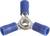 Niebieski uchwyt motylkowy z trzema uchwytami, wyśrodkowany na metalowym rdzeniu, do ręcznego obracania i mocowania śrub.