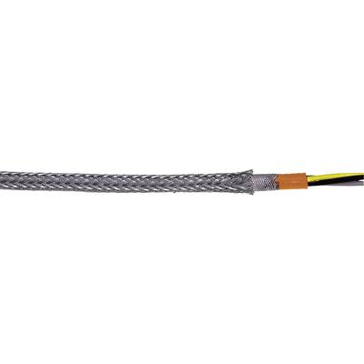 Pleciony kabel z czarno-srebrnym oplotem oraz żółtymi, czarnymi i pomarańczowymi przewodami wewnątrz.