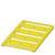 Żółta paleta z tworzywa sztucznego o płaskiej konstrukcji z otworami wentylacyjnymi lub odpływowymi. Odpowiednia do magazynowania i transportu.
